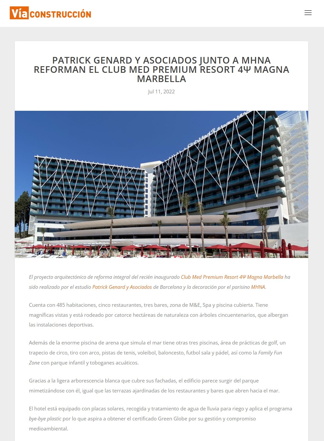 Patrick Genard y Asociados junto a MHNA reforman el Club Med Premium Resort 4Ψ Magna Marbella
